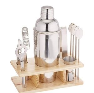 Stainless Steel Bar Cocktail Set with Wooden Stand